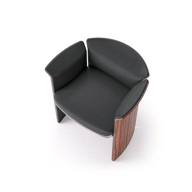 כורסא מעוצבת יוקרתית בעיצוב Bentley עם ריפוד עור כהה ומשענת עגולה בגוון עץ טבעי