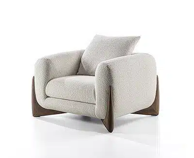 כורסת מעצבים Porada בצבע בהיר עם רגלי אגוז וכרית תואמת